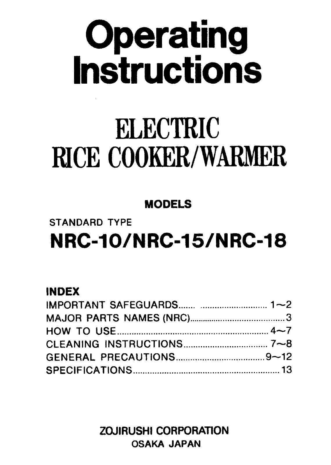 Zojirushi NRC-10 Installation  Manual