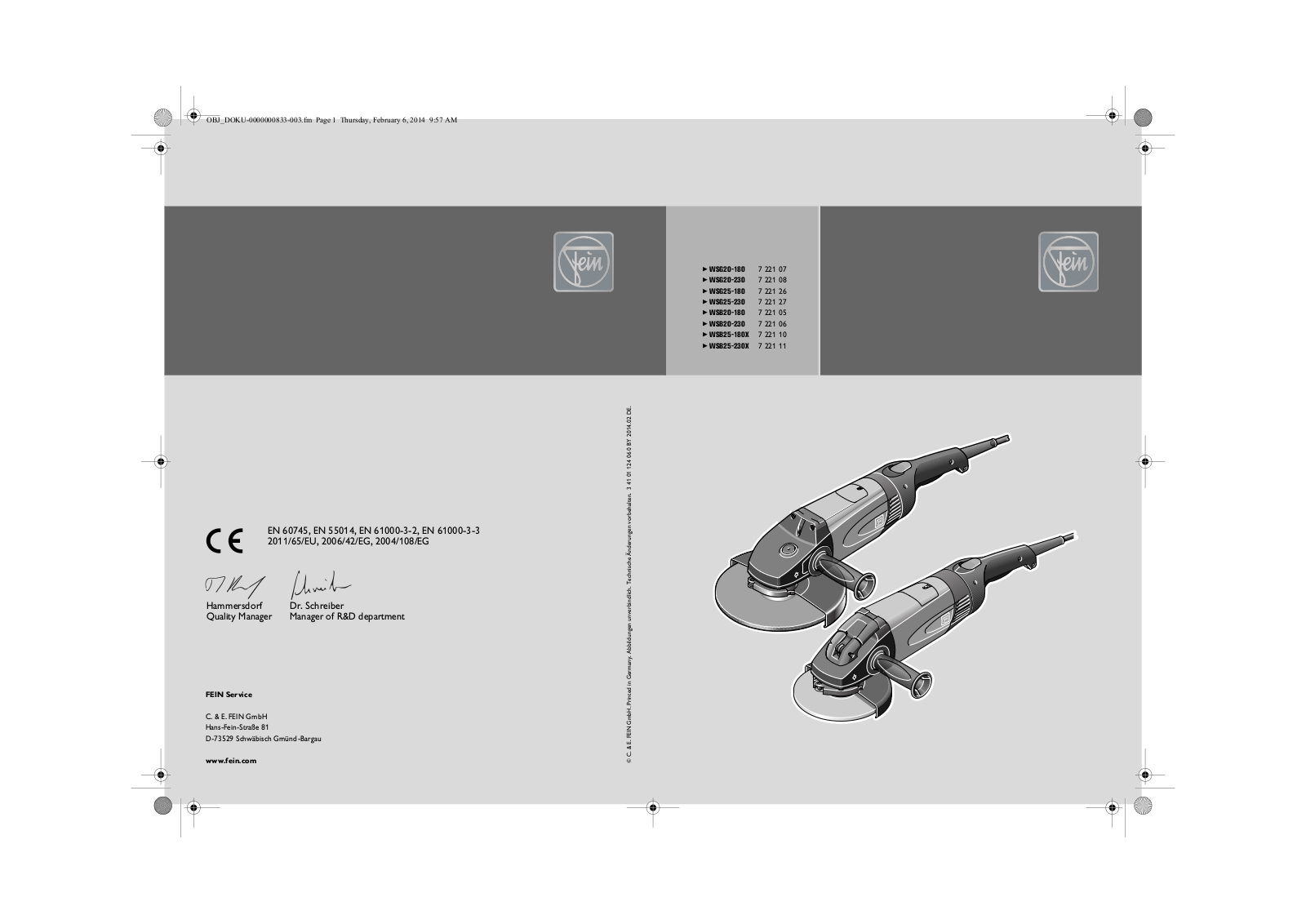 Fein WSG20-180, WSG20-230, WSG25-180, WSG25-230, WSB20-180 User guide