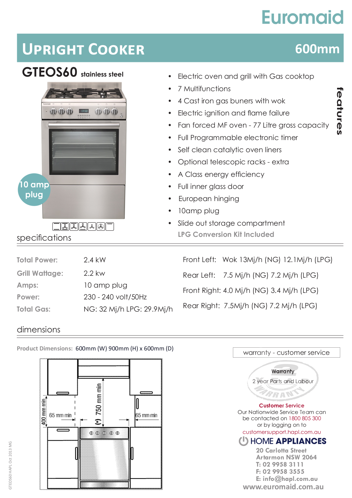 Euromaid GTEOS60 Specification Sheet