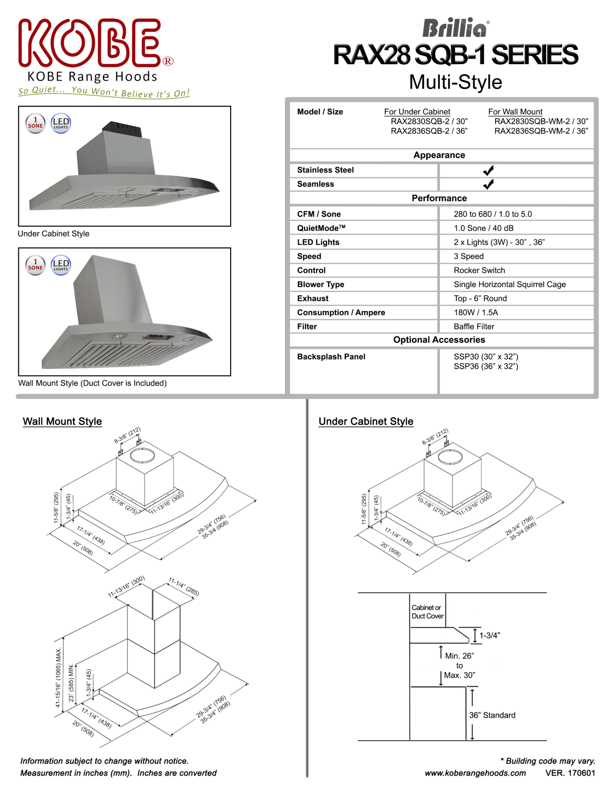 Kobe RAX2830SQB2, RAX2830SQBWM2 Specifications