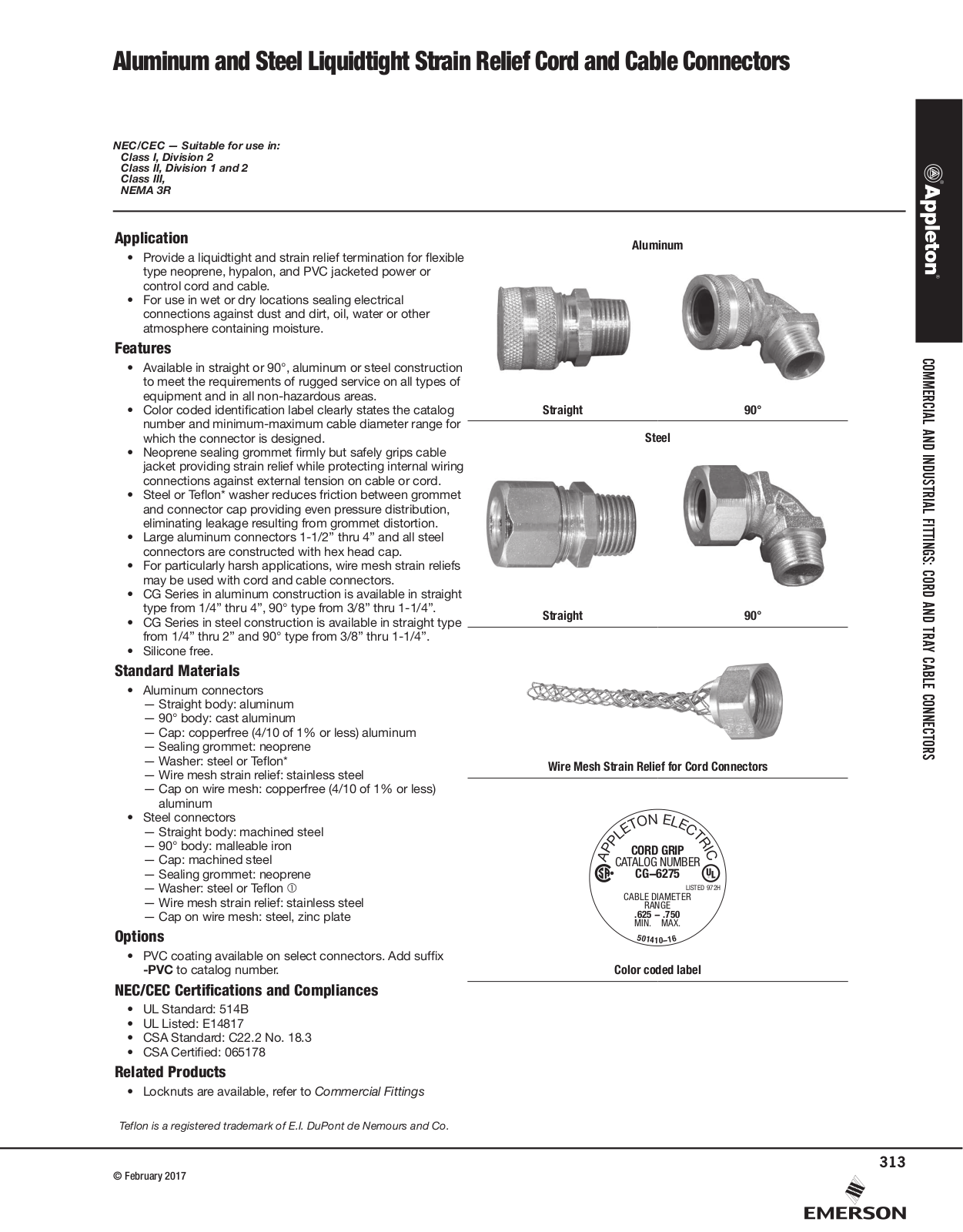 Appleton Aluminum and Steel Liquidtight Strain Relief Cord and Cable Connectors Catalog Page