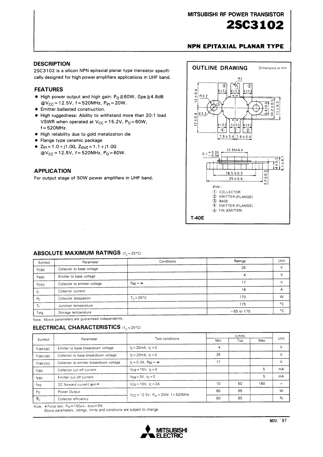 Mitsubishi Electric Corporation Semiconductor Group 2SC3102 Datasheet