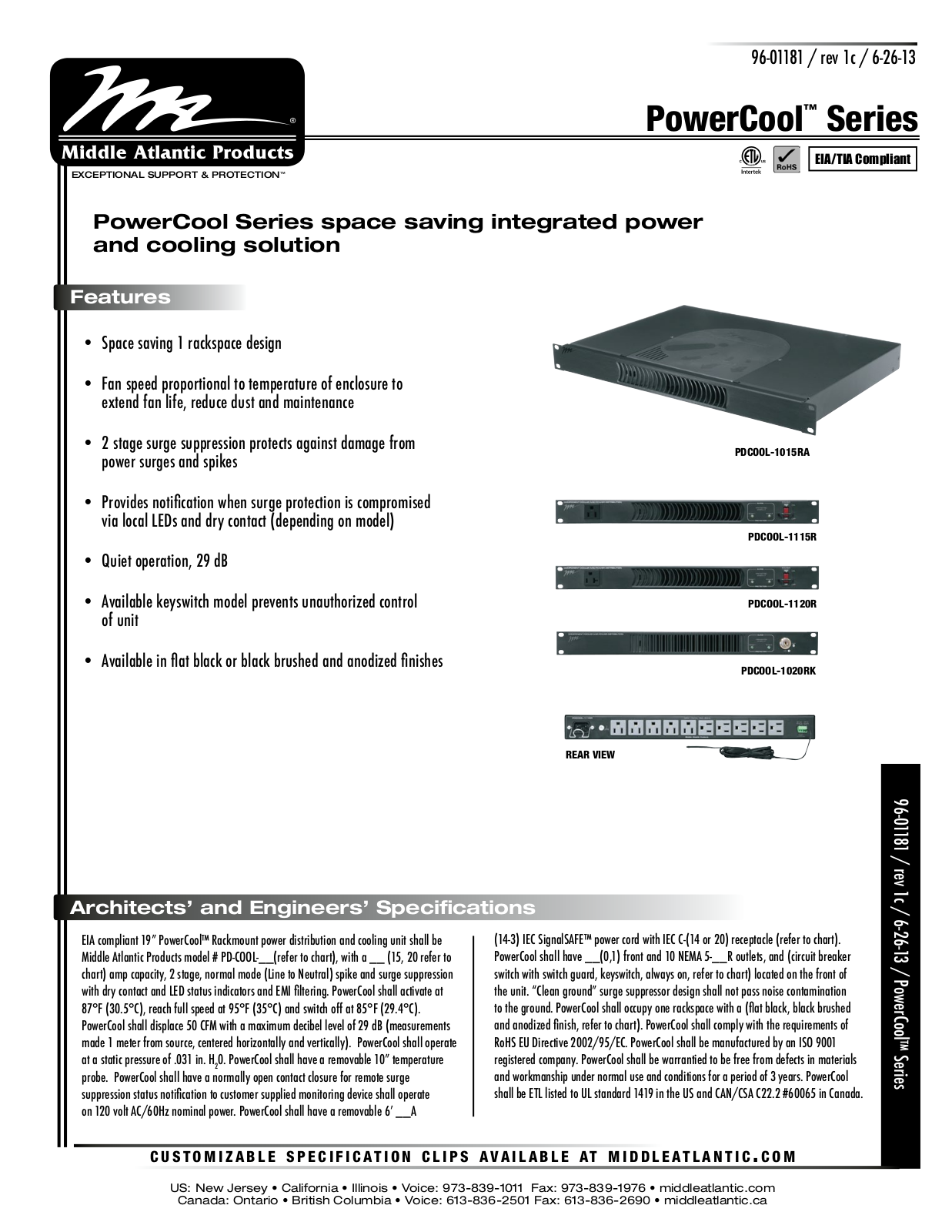 Middle Atlantic PDCOOL-1015RA Datasheet