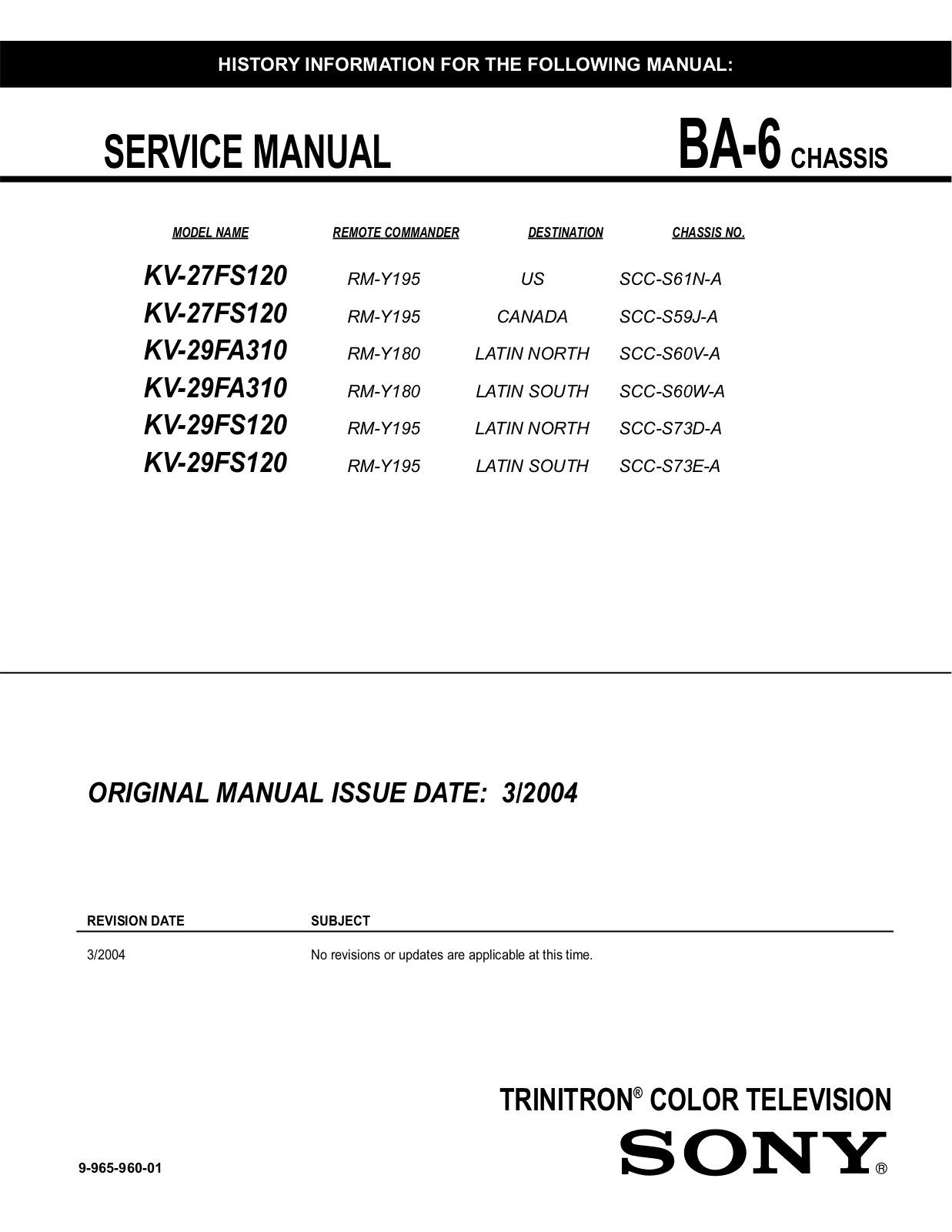 SONY KV-27FS120, KV-29FA310, KV-29FS120 Service Manual