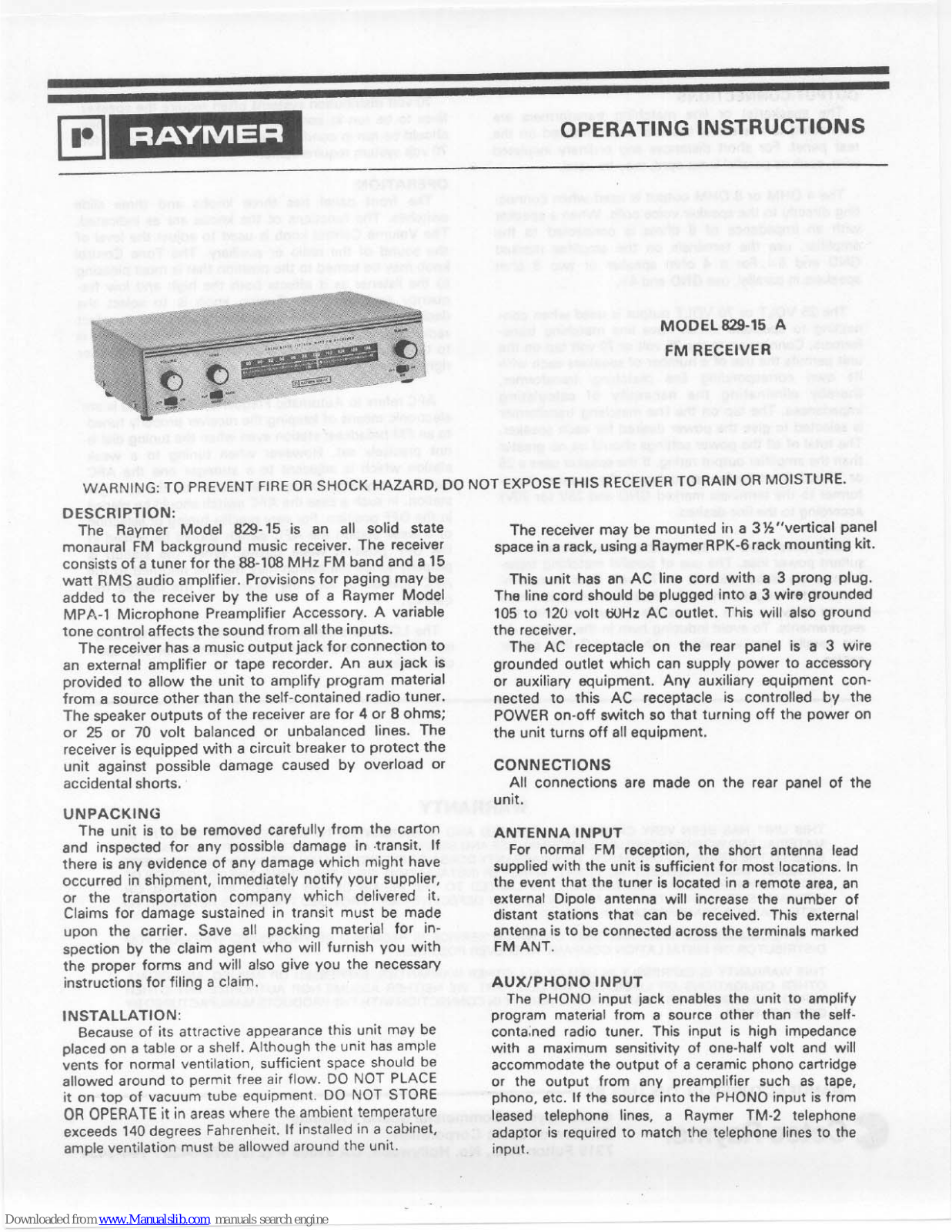 Raymer FM Receiver 829-15 A, 829-15, 829-15 A Operating Instructions Manual