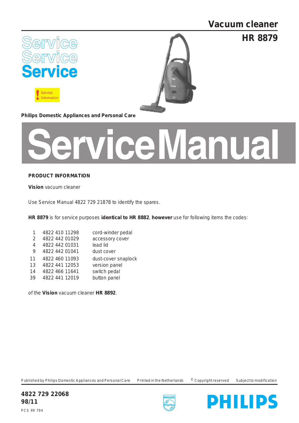 Philips HR 8879 Service Manual