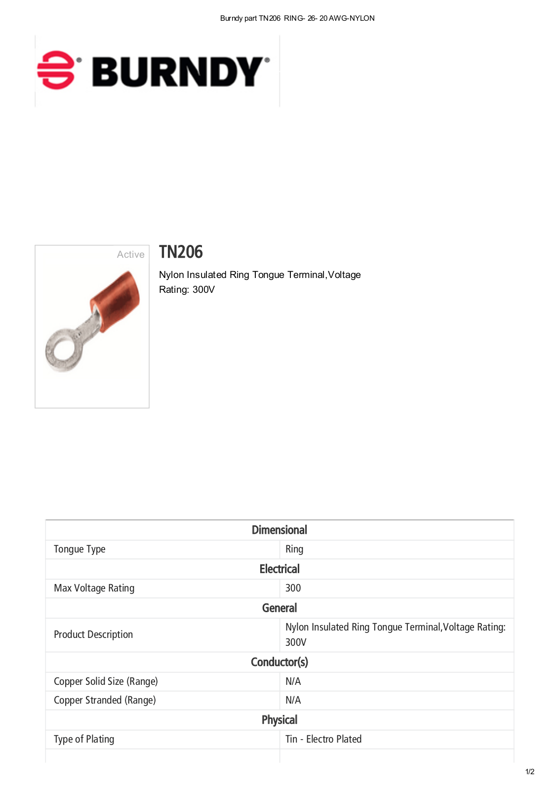 Burndy TN206 Data Sheet