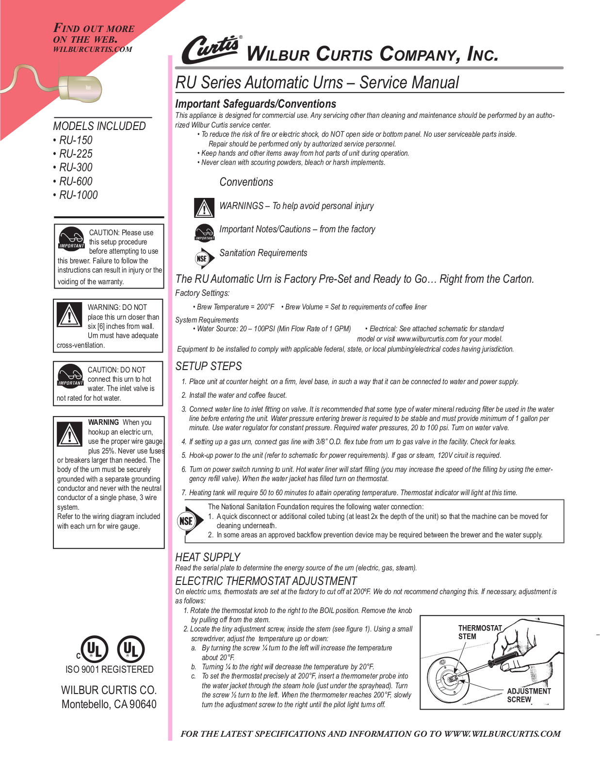 Wilbur Curtis Company RU-150, RU-225, RU-300, RU-600, RU-1000 General Manual