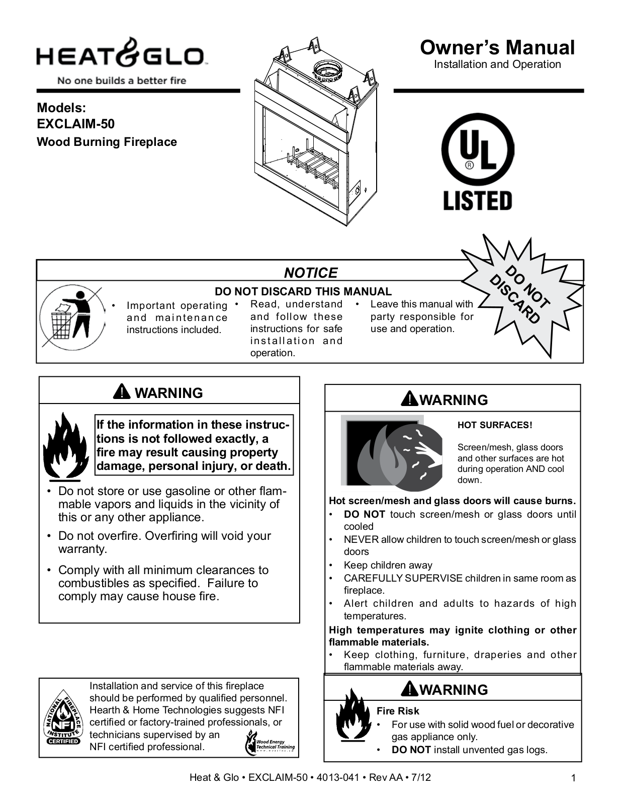 Heat & Glo LifeStyle Exclaim-50 User Manual