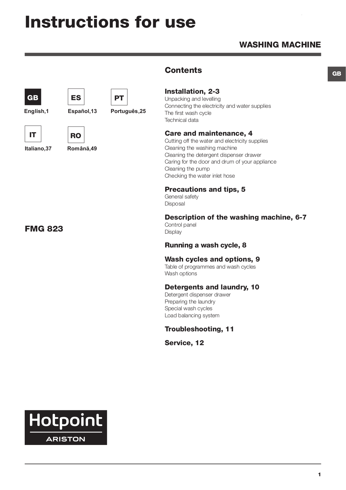 HOTPOINT/ARISTON FMG 823B EU.M User Manual