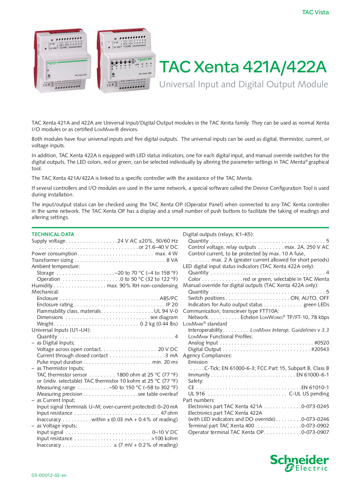 Schneider Electric TAC Xenta 421A, TAC Xenta 422A Data Sheet