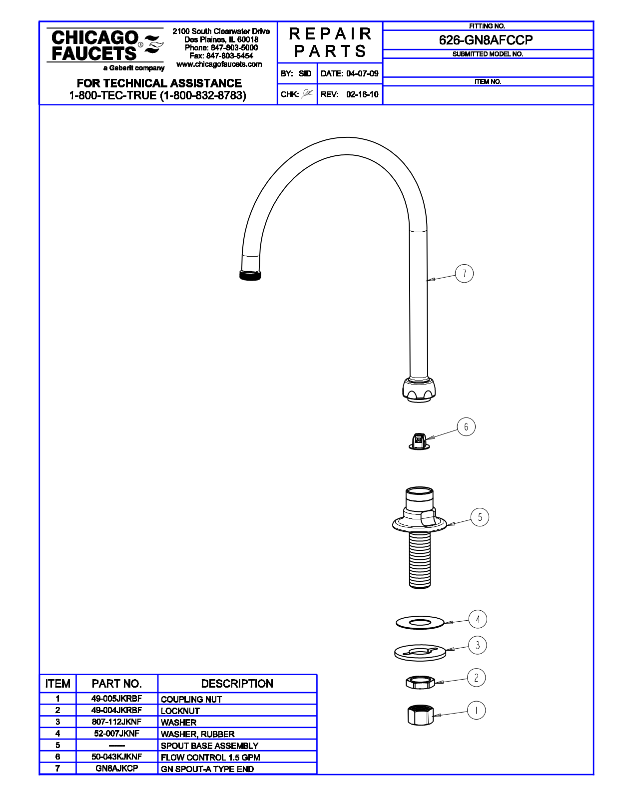 Chicago Faucet 626-GN8AFCCP Parts List