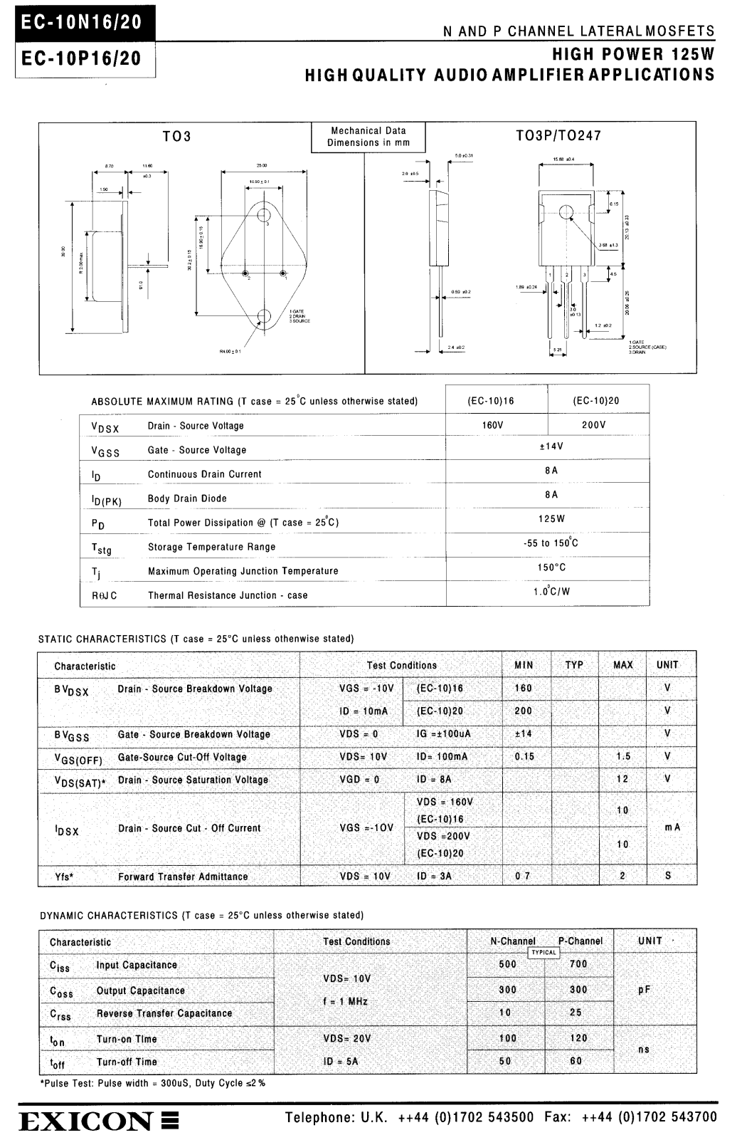 EXICO EC-10P16, EC-10N20, EC-10N16, EC-10P20 Datasheet