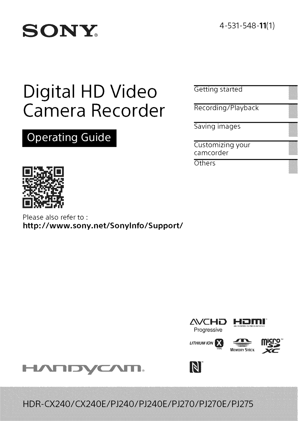 Sony HDR-PJ275B, HDR-CX240L, HDR-CX240B Owner’s Manual