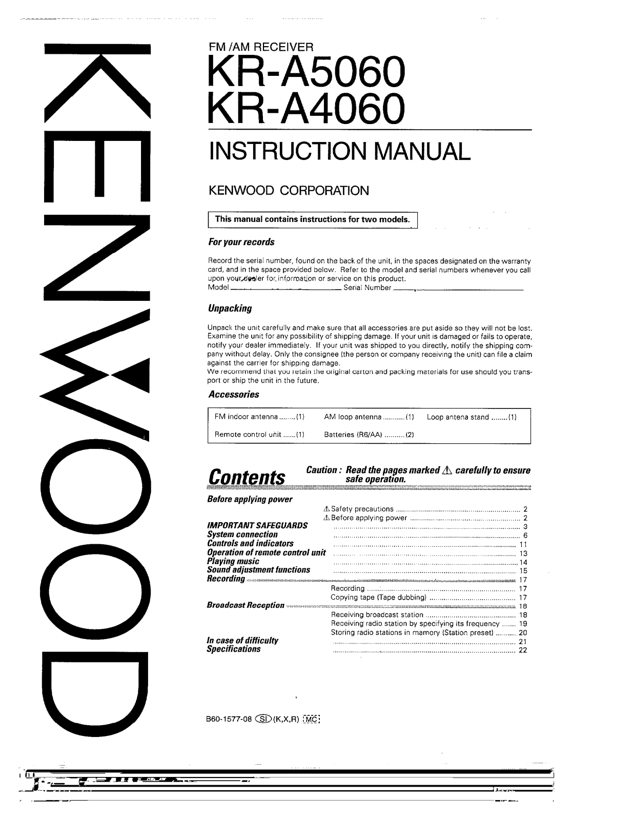 Kenwood KR-A5060, KR-A4060 Owner's Manual