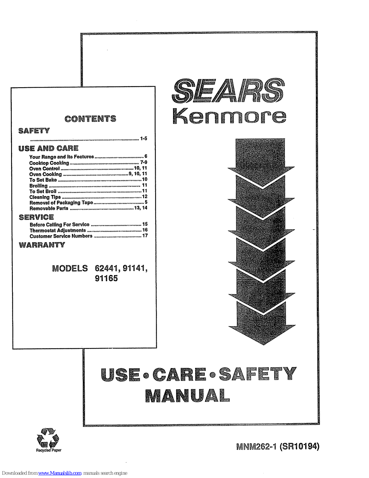 Sears 9119114890, 91191165690, 9119114190, 9116244890, 9116244190 Use, Care, Safety Manual - ManualMachine.com