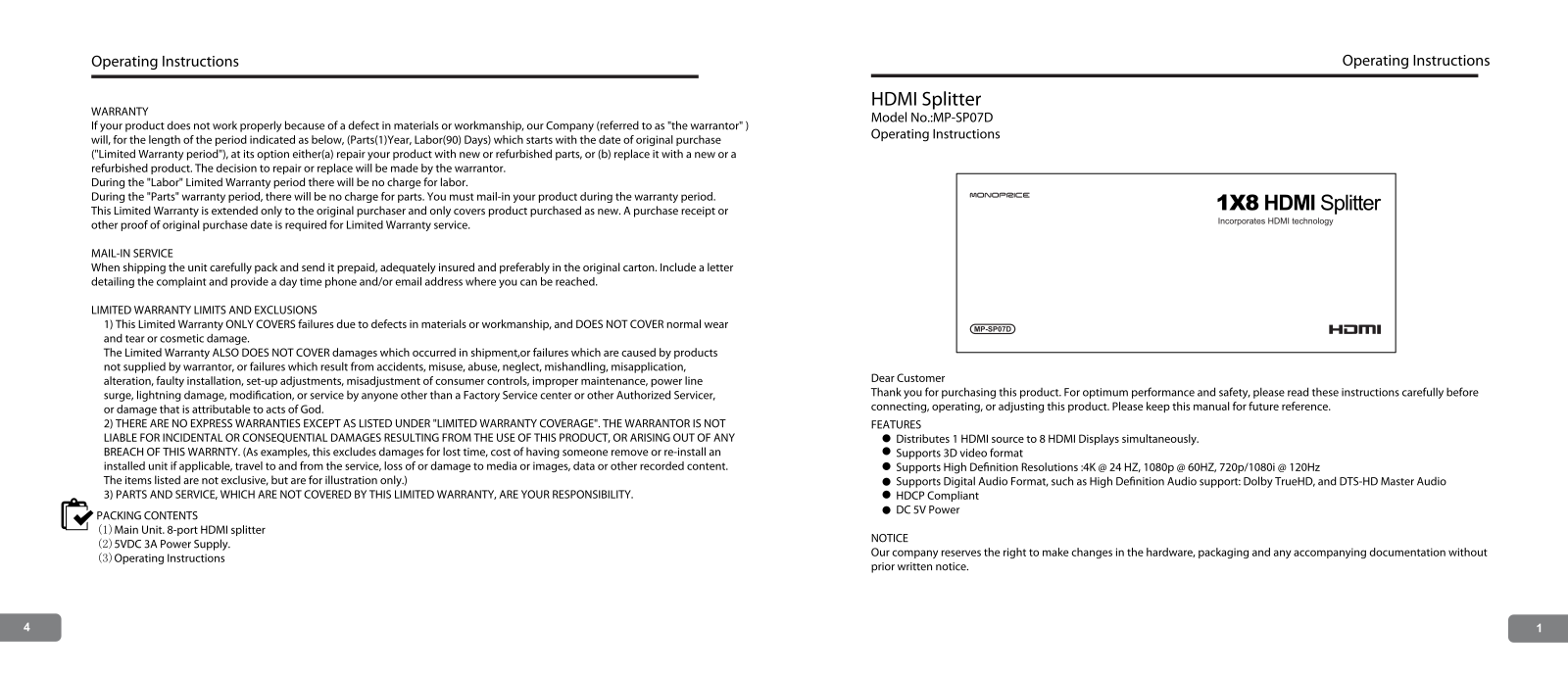 Monoprice MP-SP07D Operating Instructions Manual