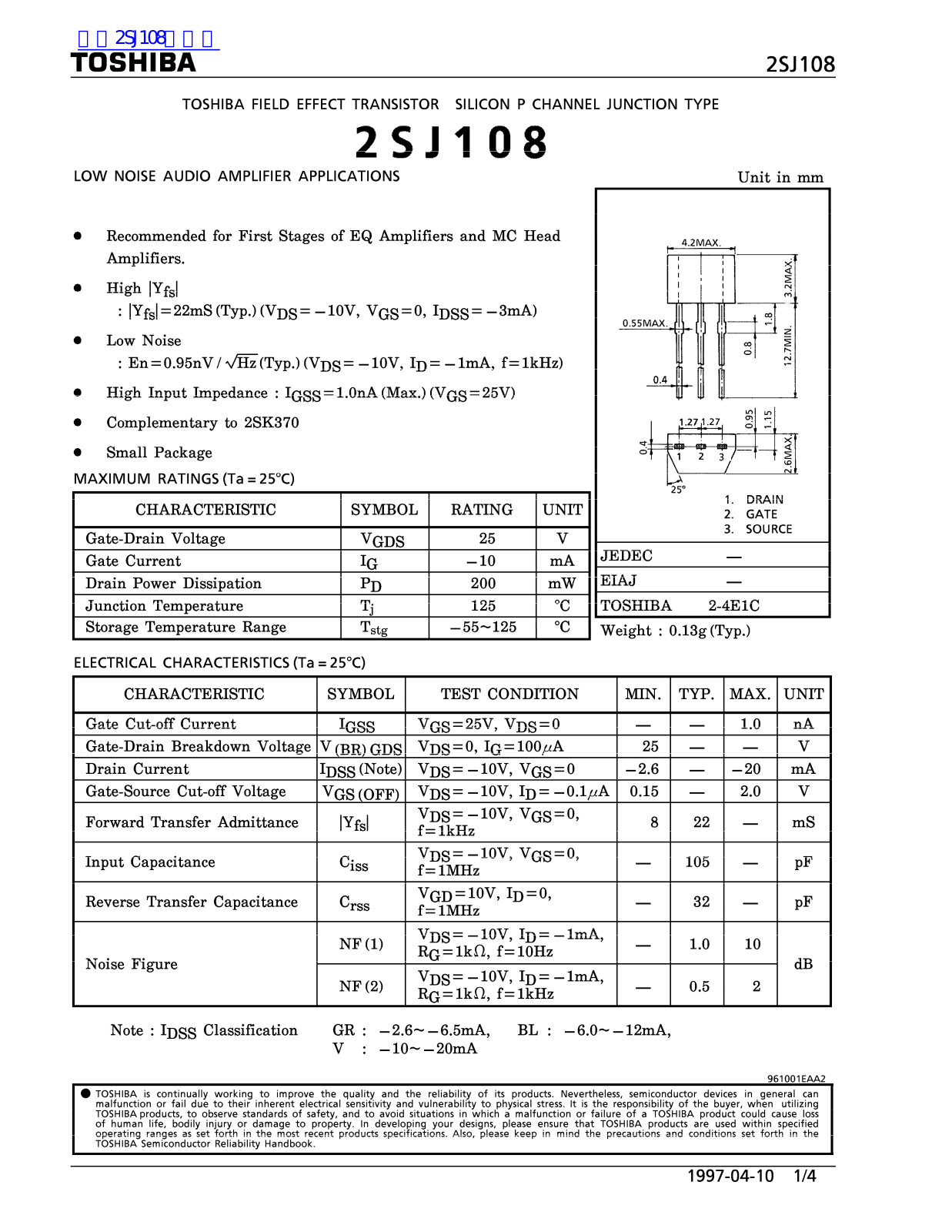 TOSHIBA 2SJ108 Technical data