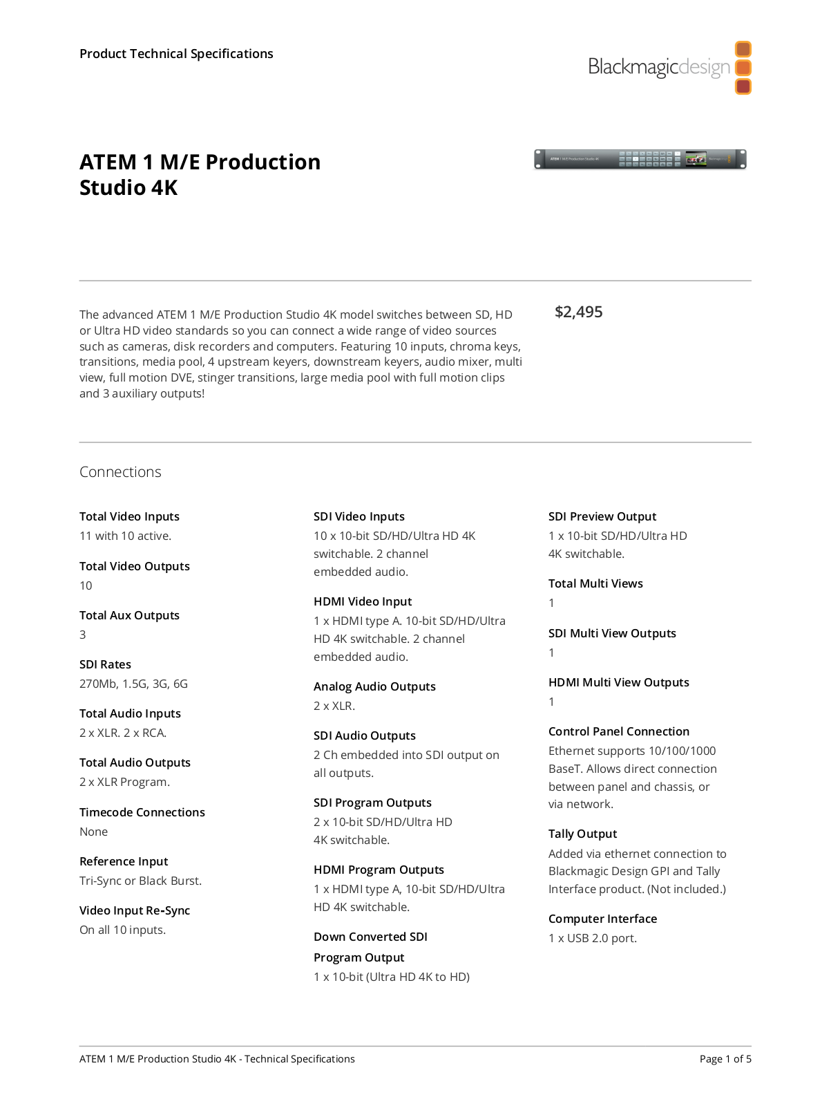 Blackmagic Design ATEM 1 M/E Production Studio 4K, ATEM 2 M/E Production Studio 4K Specifications