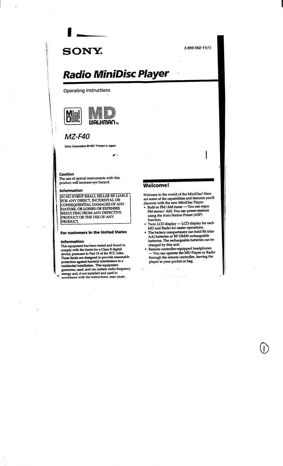 Sony MZF-40 Owners manual