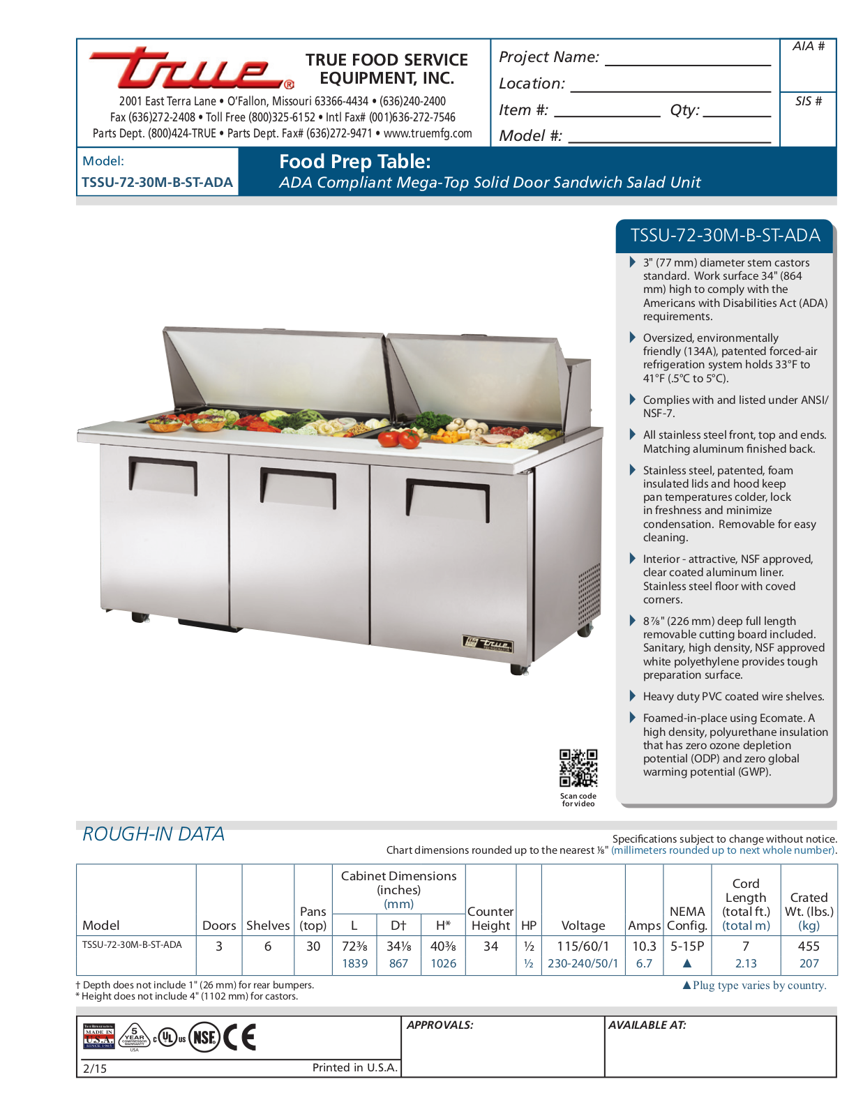 True TSSU-72-30M-B-ST-ADA User Manual