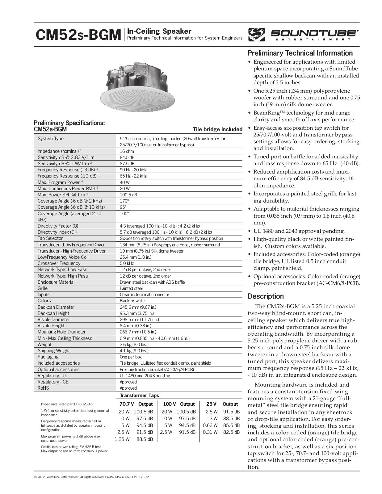 SoundTube CM52s-BGM-WH Specifications