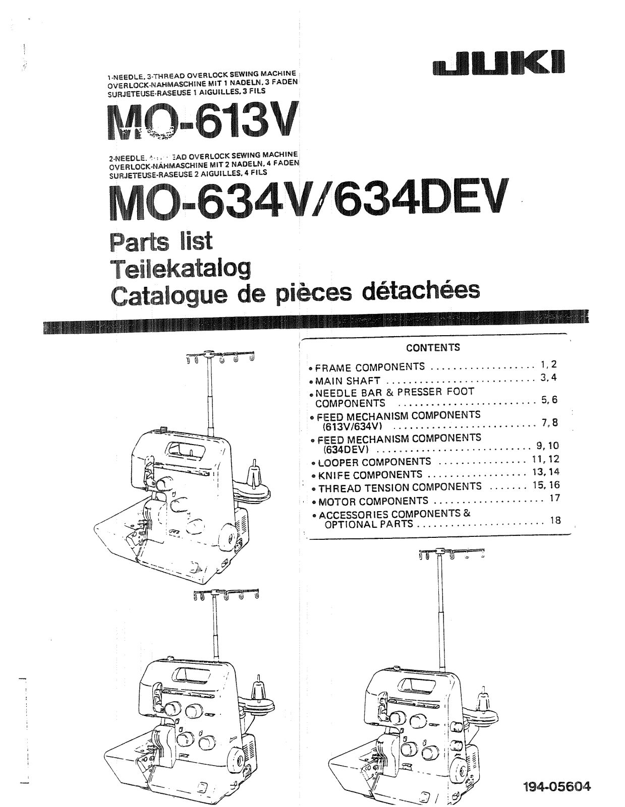 Juki MO-613V, MO-634V, MO634DEV Parts List