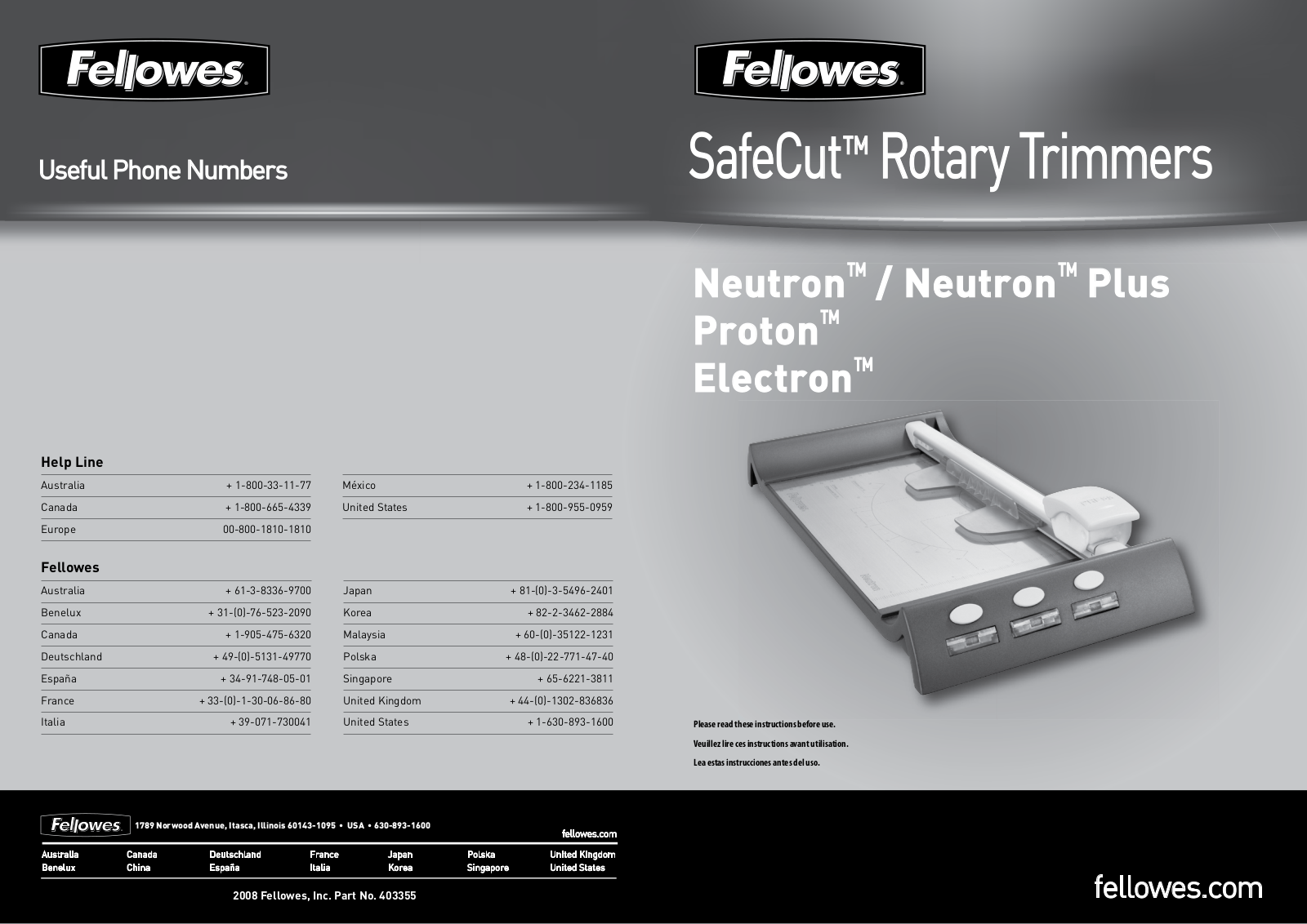 Fellowes Electron 180 Rotary Trimmer, Neutron Rotary Trimmer, Neutron Plus Rotary Trimmer User Manual