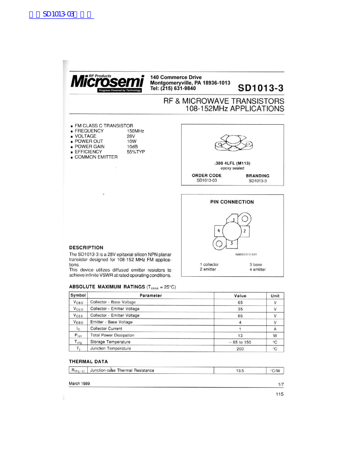 Microsemi SD1013-3 Technical data