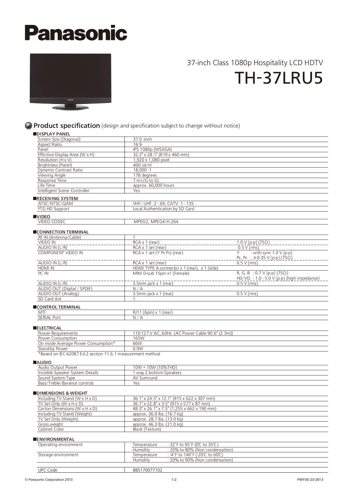 Panasonic th-37lru5 Operation Manual