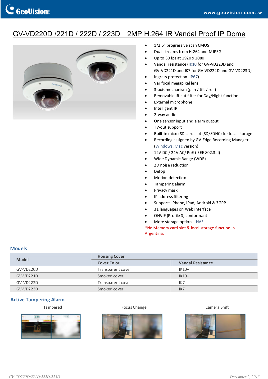 Geovision GV‐VD220D, GV‐VD221D, GV‐VD222D, GV‐VD223D Specsheet