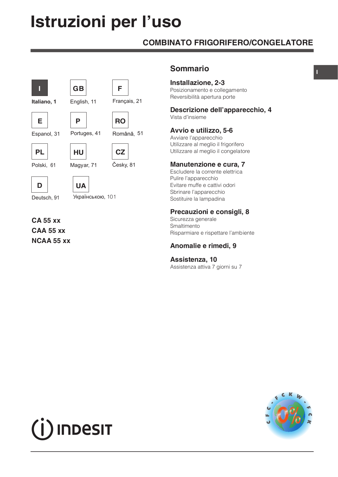 Indesit CA 55 xx, CAA 55 xx, NCAA 55 xx Instruction manual