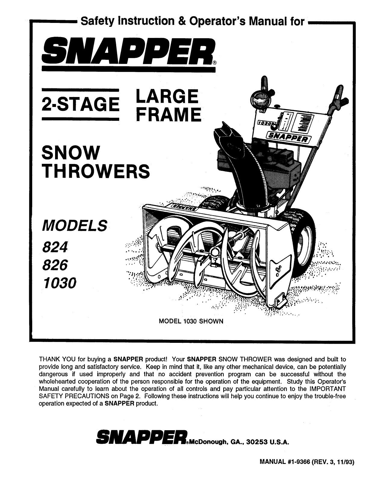 Snapper 824, 1030, 826 User Manual