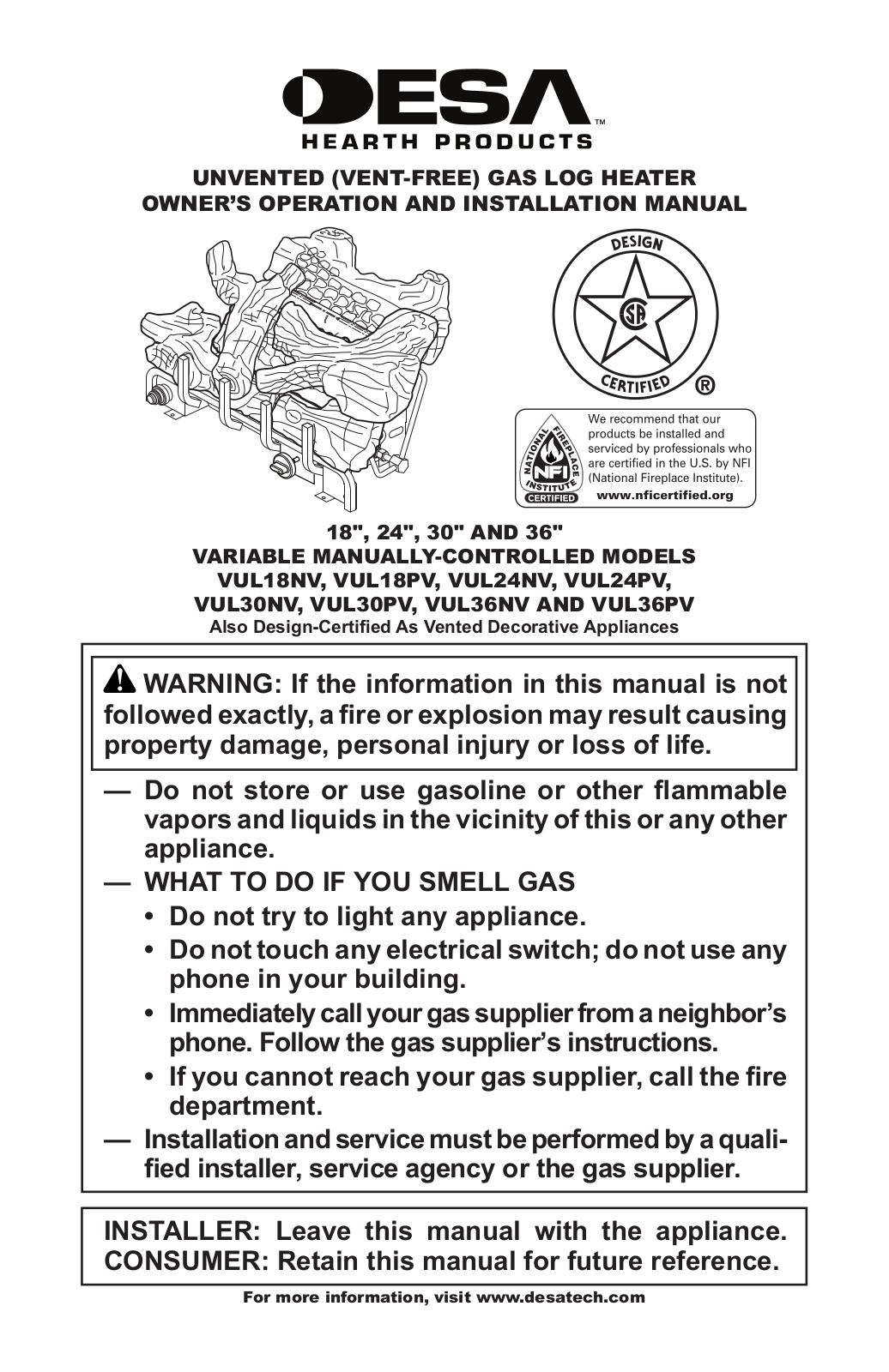 Desa VUL18NV, VUL18PV, VUL30PV, VUL36NV, VUL24NV Owner's Operation & Installation Manual