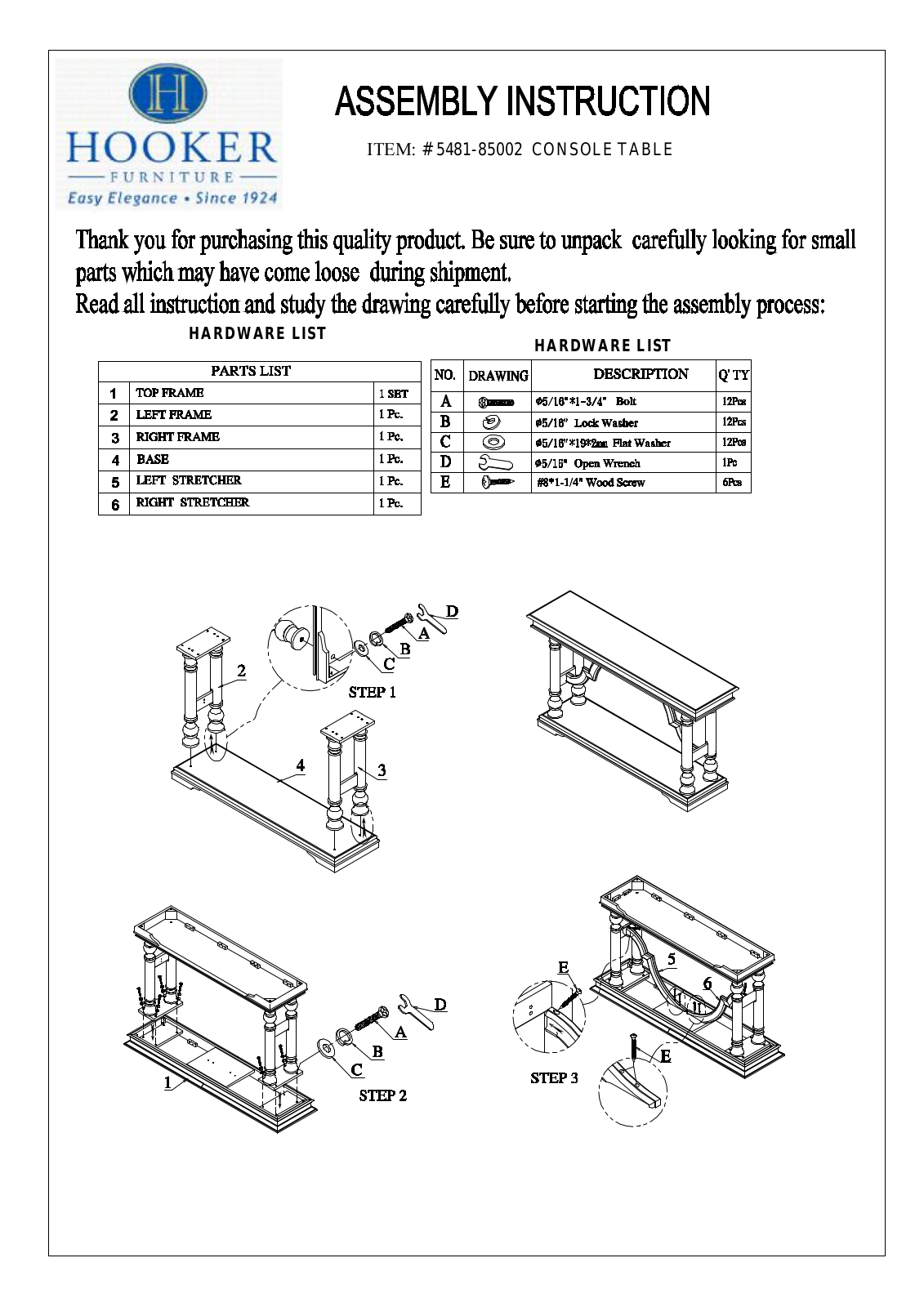 Hooker Furniture 548185002 Assembly Guide