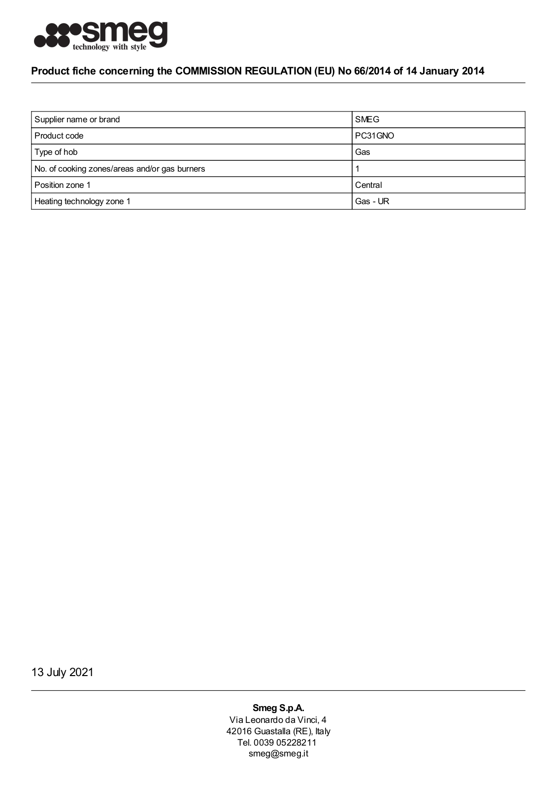 Smeg PC31GNO product information sheet