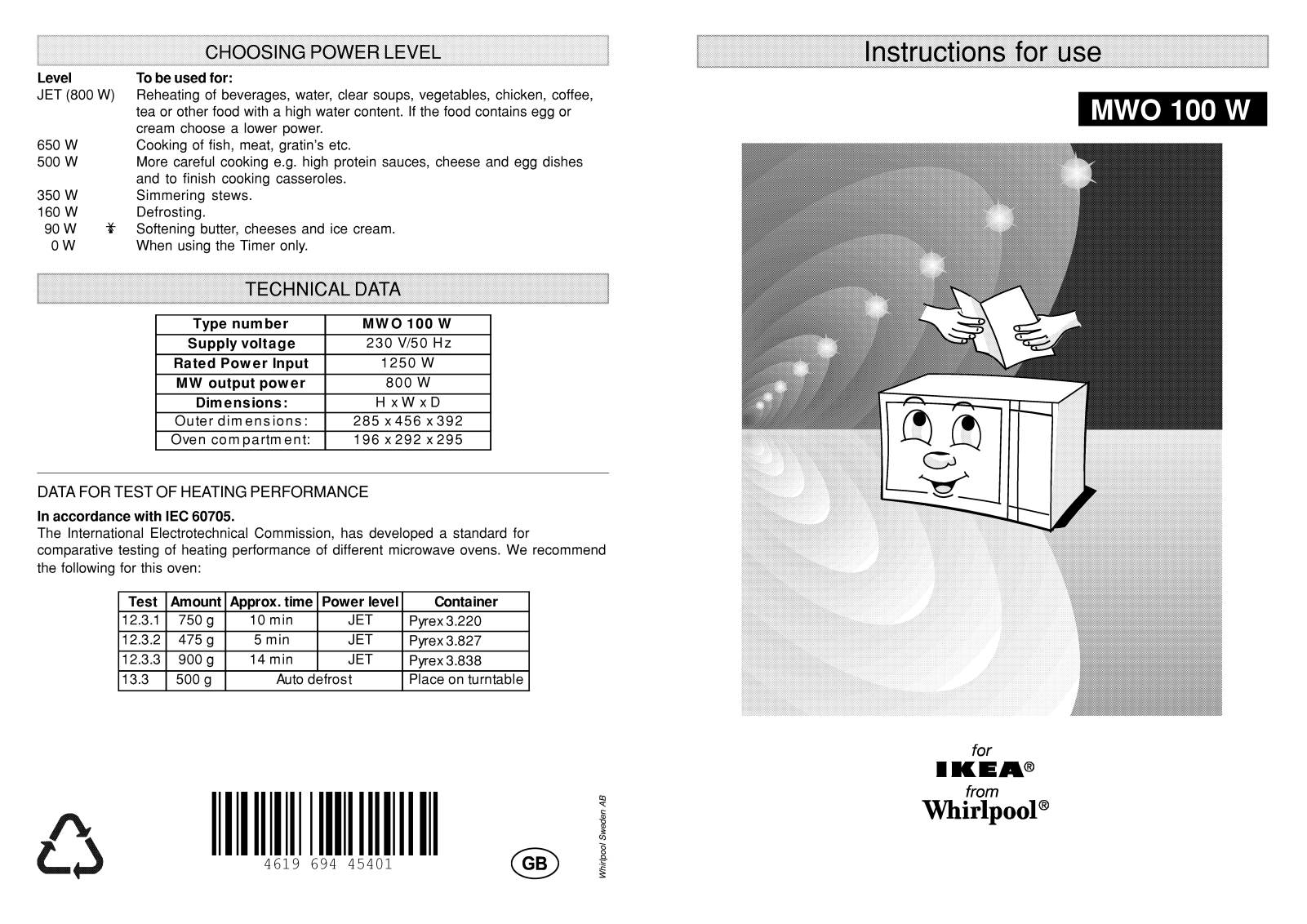 IKEA MWO100W INSTRUCTION FOR USE