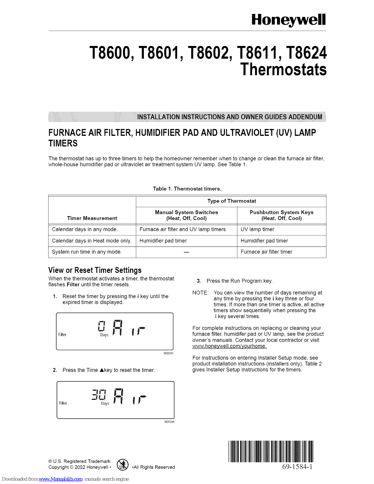 Honeywell T8600, T8611, T8624 Installation Instructions And Owner Manuals Addendum - ManualMachine.com