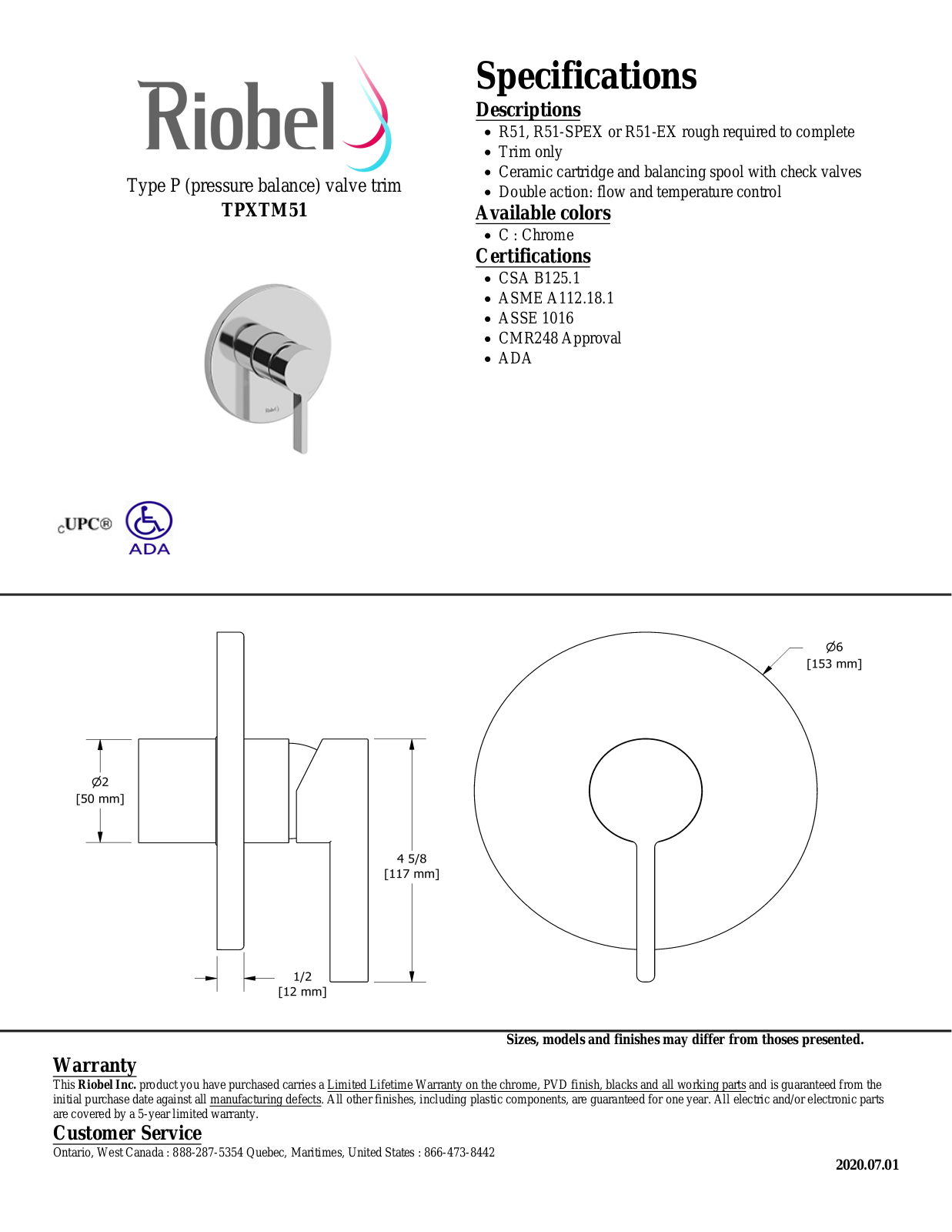 Riobel TPXTM51C, TPXTM51BG Specifications - ManualMachine.com