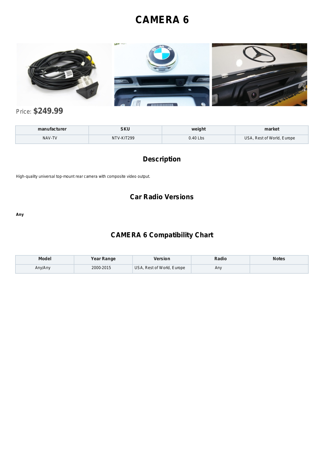 NAV-TV CAMERA 6 Specification Sheet