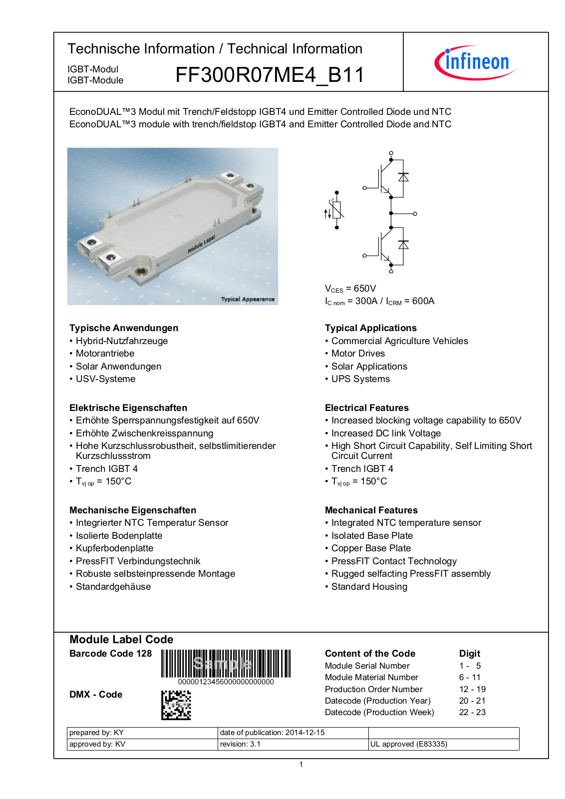 Infineon FF300R07ME4-B11 Data Sheet