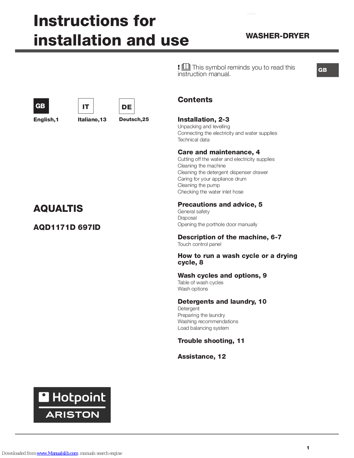 Hotpoint Ariston AQD1171D 697ID Instructions For Installation And Use Manual