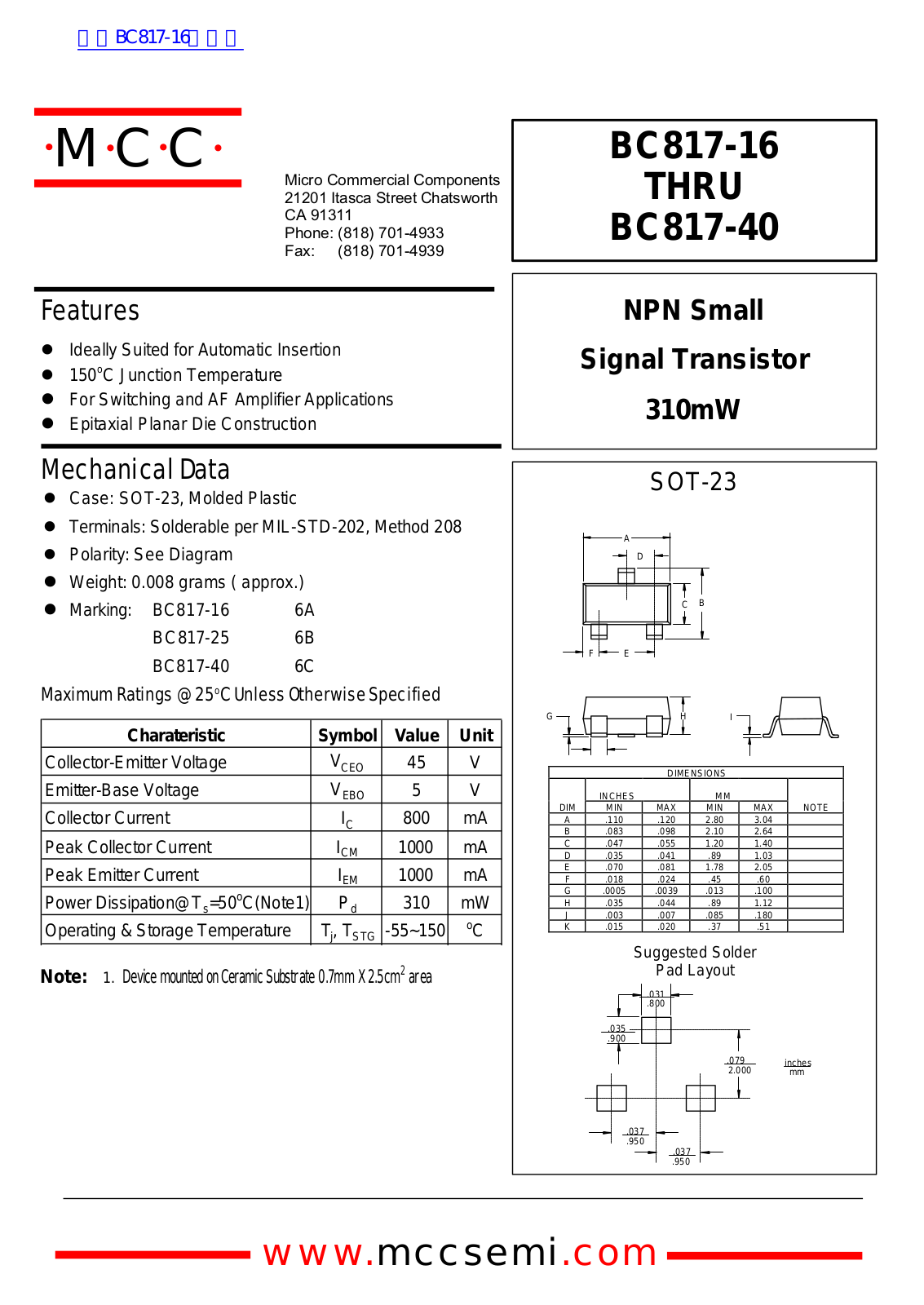 Micro Commercial Components BC817-16, BC817-40 Technical data