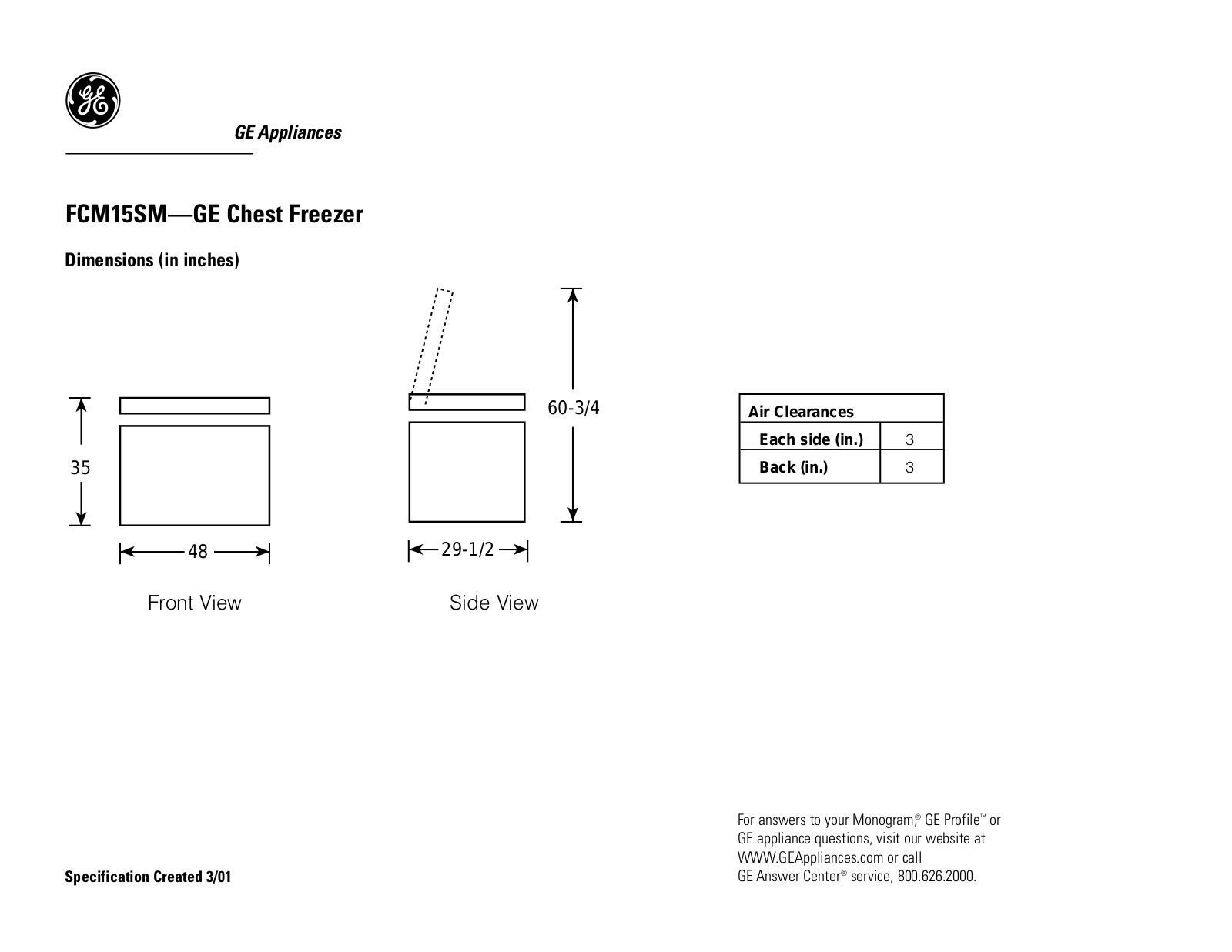 GE FCM15SM Specification