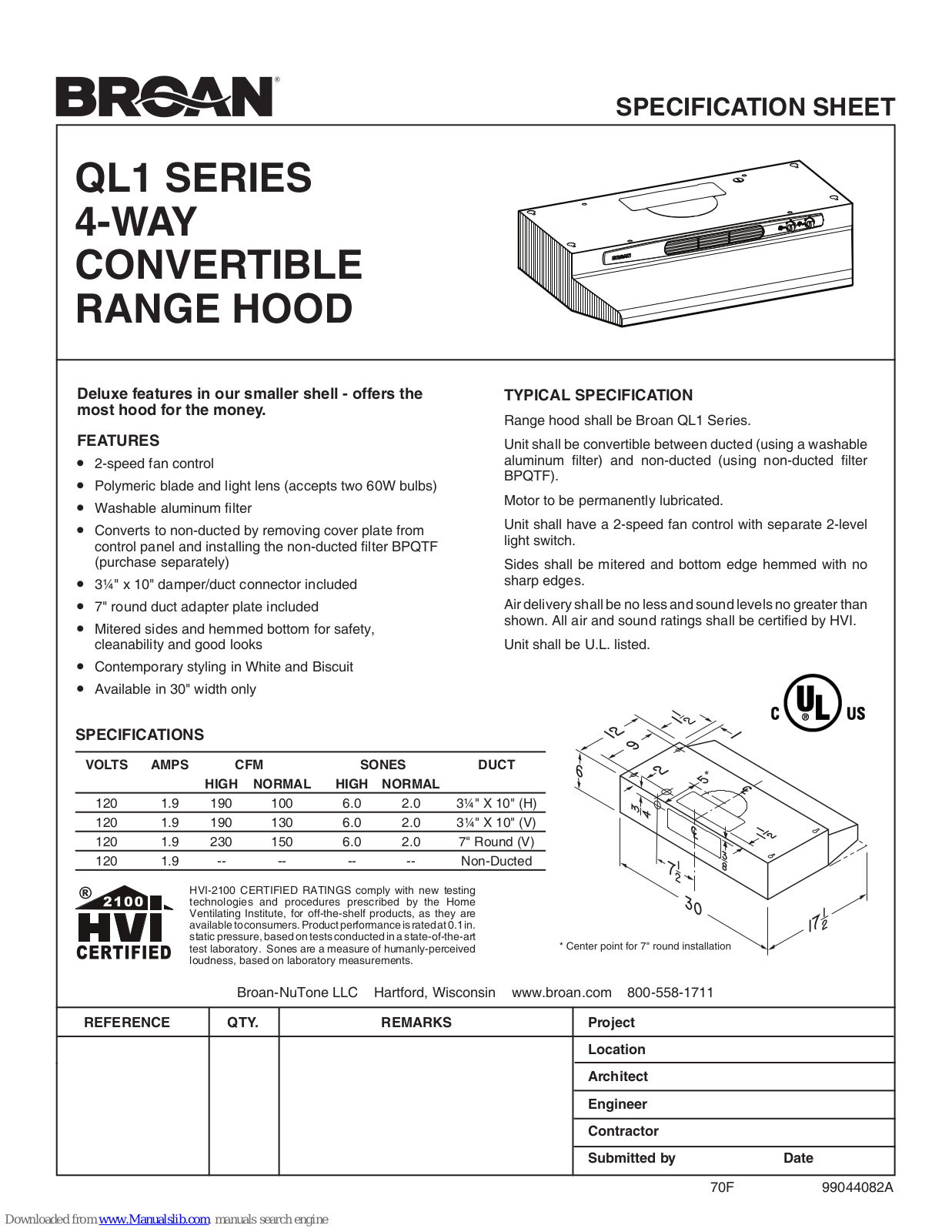 Broan QL1 Series 4-Way Convertible Range Hood, QL1 SERIES Specification Sheet