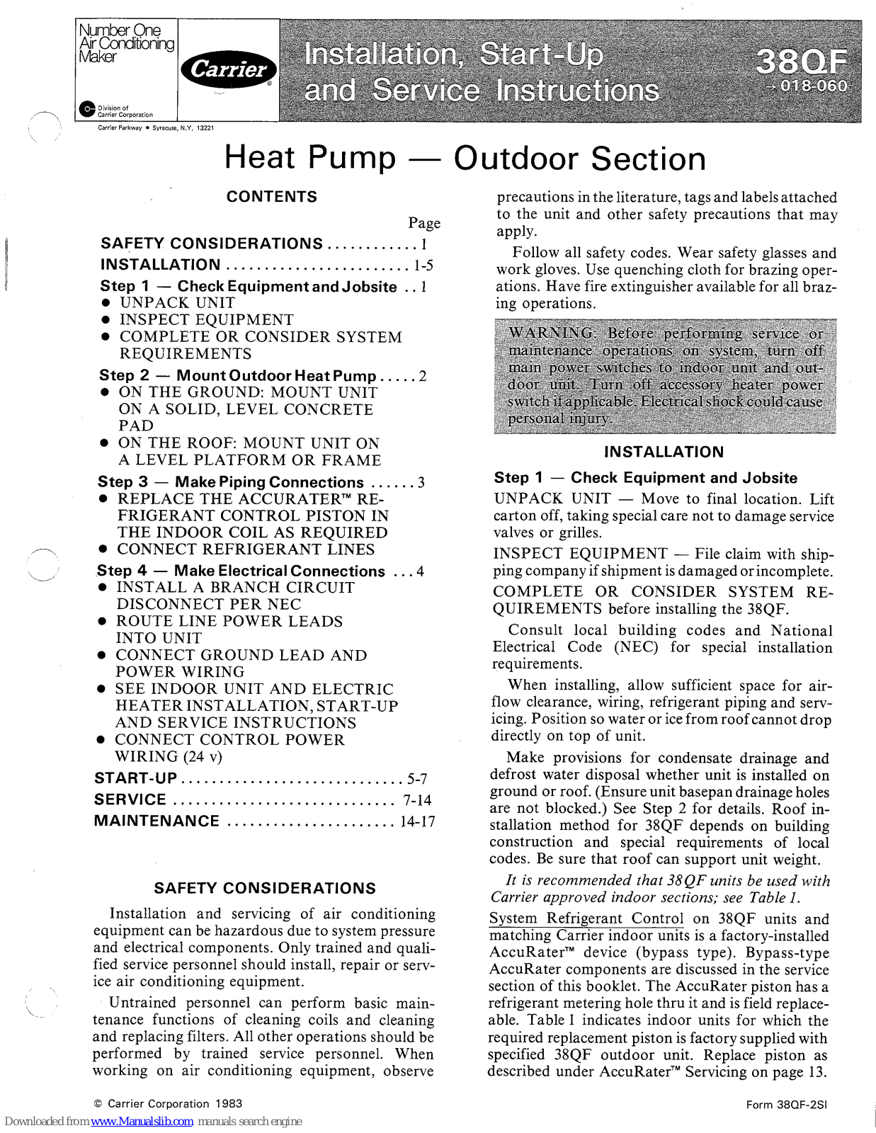 Carrier 38QF018, 38QF024, 38QF030, 38QF036, 38QF042 Installation, Start-up And Service Instructions Manual