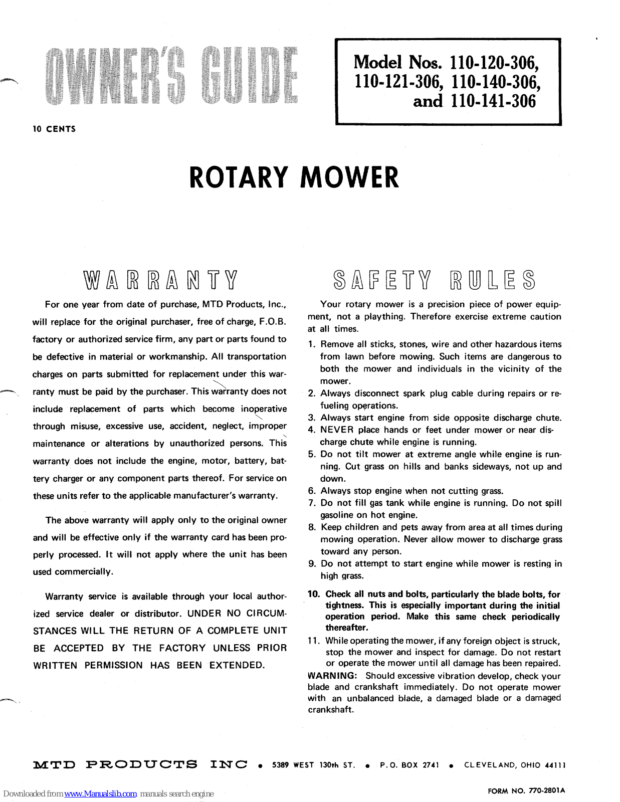 MTD 110-120-306, 110-121-306, 110-140-306, 110-141-306 Owner's Manual