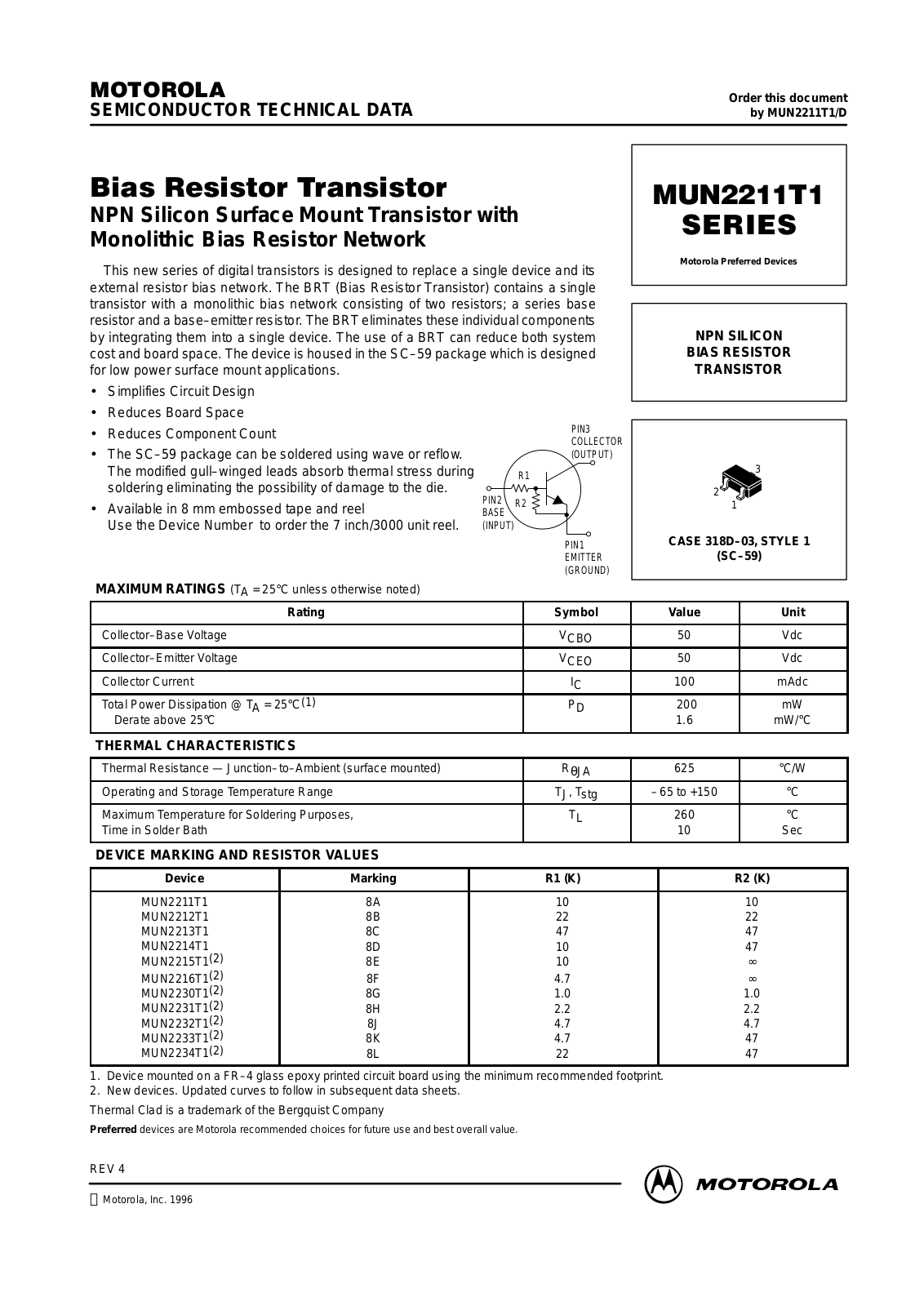 MOTOROLA MUN2211T3, MUN2212T3, MUN2232T1, MUN2214T3, MUN2213T3 Datasheet