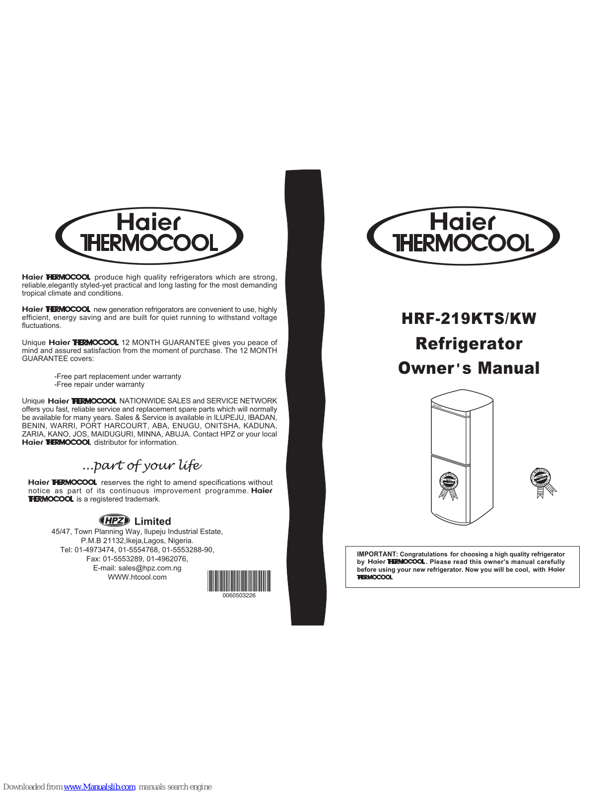 Haier HRF-219KTS, HRF-219KW User Manual