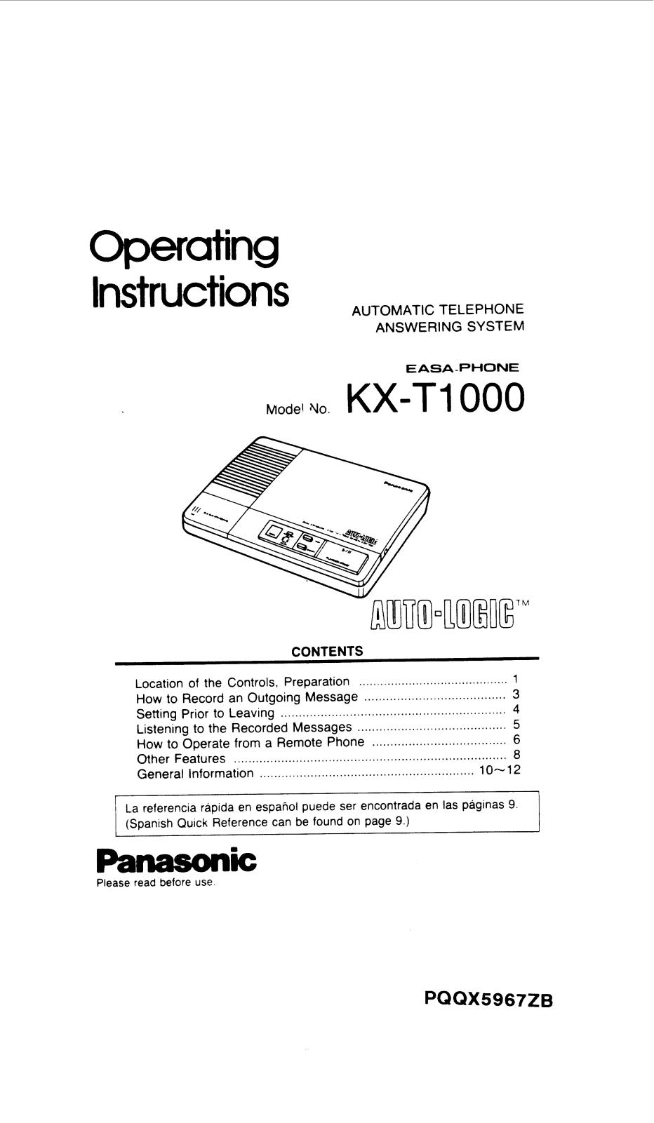 Panasonic kx-t1000 Operation Manual